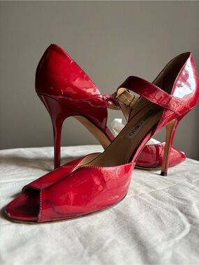 Jimmy Choo Red Patent D'Orsay Stiletto Heels Peep Toe EU 41 US 10